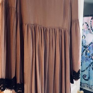 Entro Boho brown short dress , crochet accent bell sleeves size small .35”